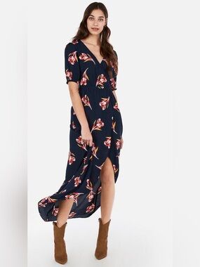 Express Navy Floral V-Neck Wrap Maxi Dress